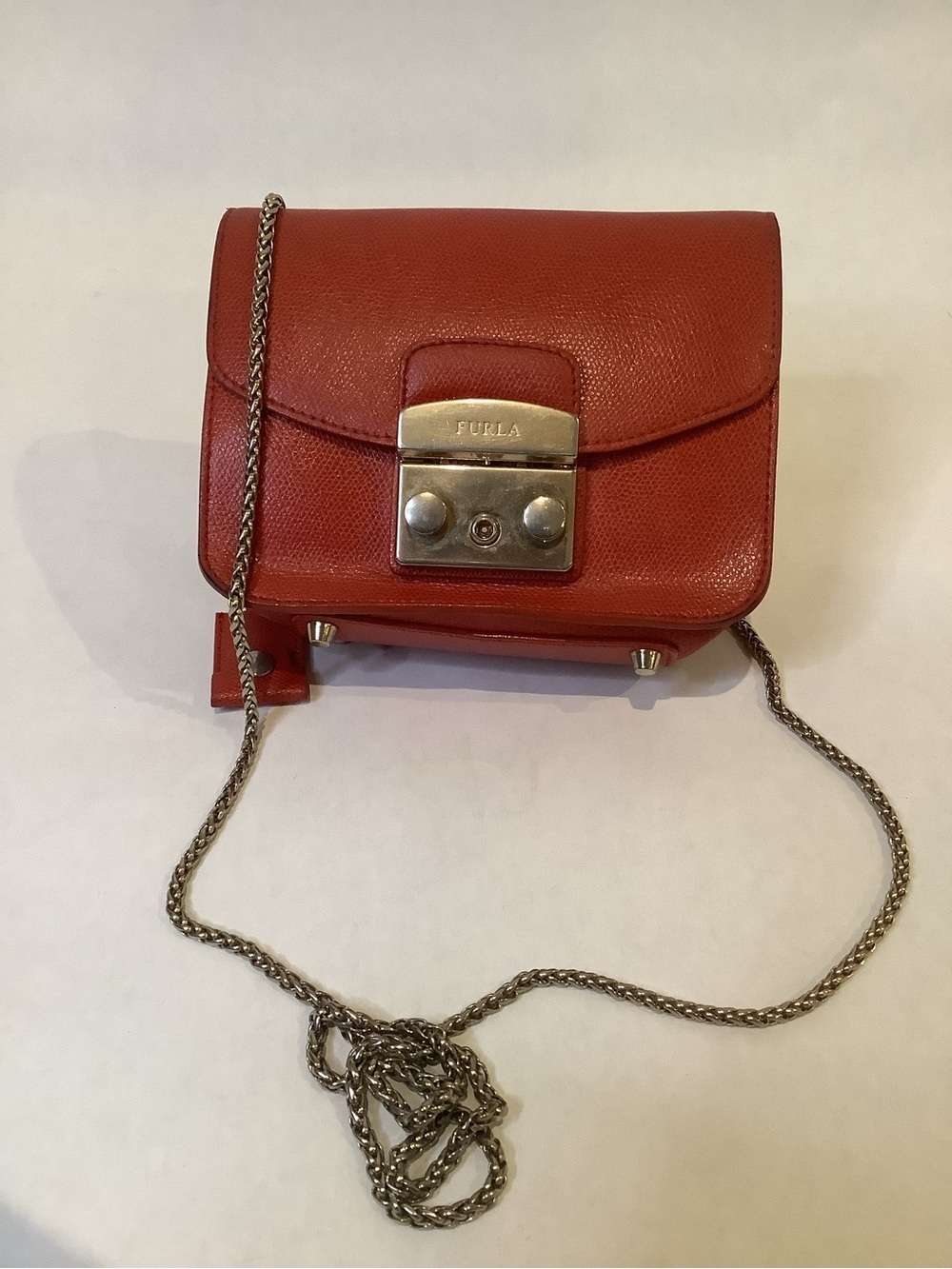 Furla Small Red Leather Crossbody with Chain Strap